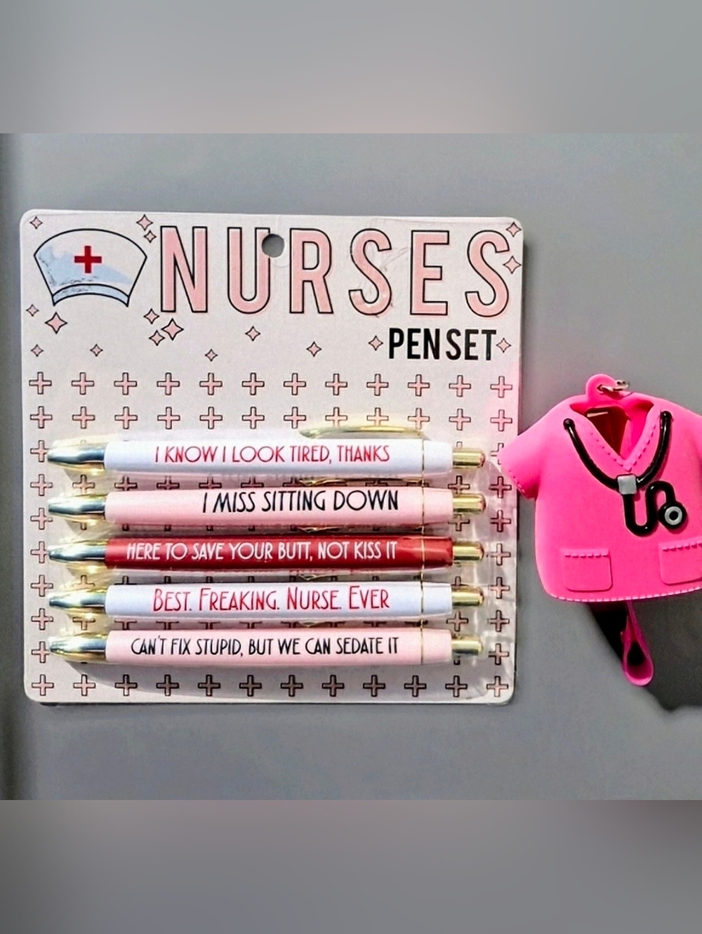 New NURSES Novelty Pen Set & Pink Medical Field POCKETBAC Holder
